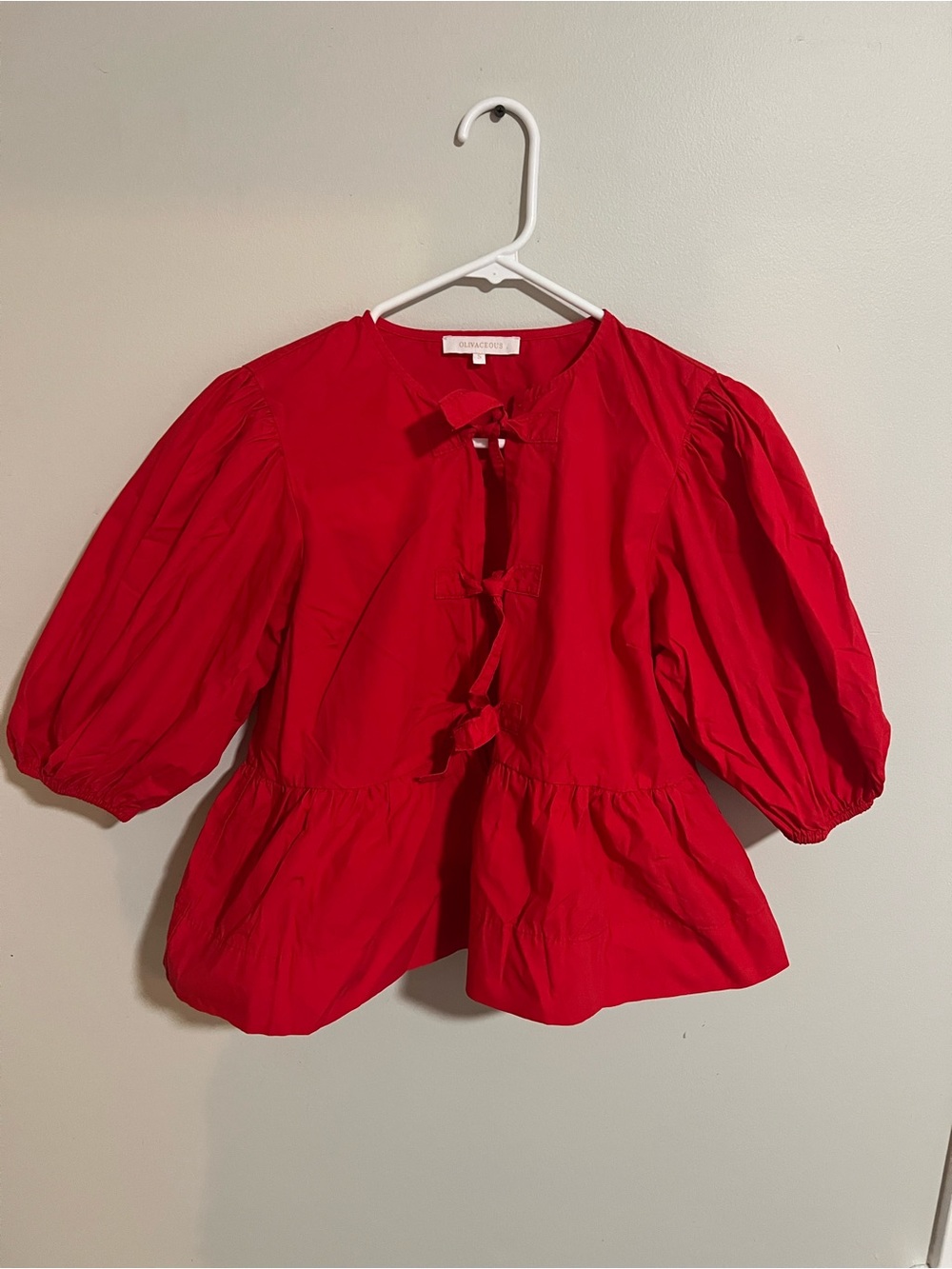 Olivaceous Red Peplum Tie-Front Top with Puff Sleeves